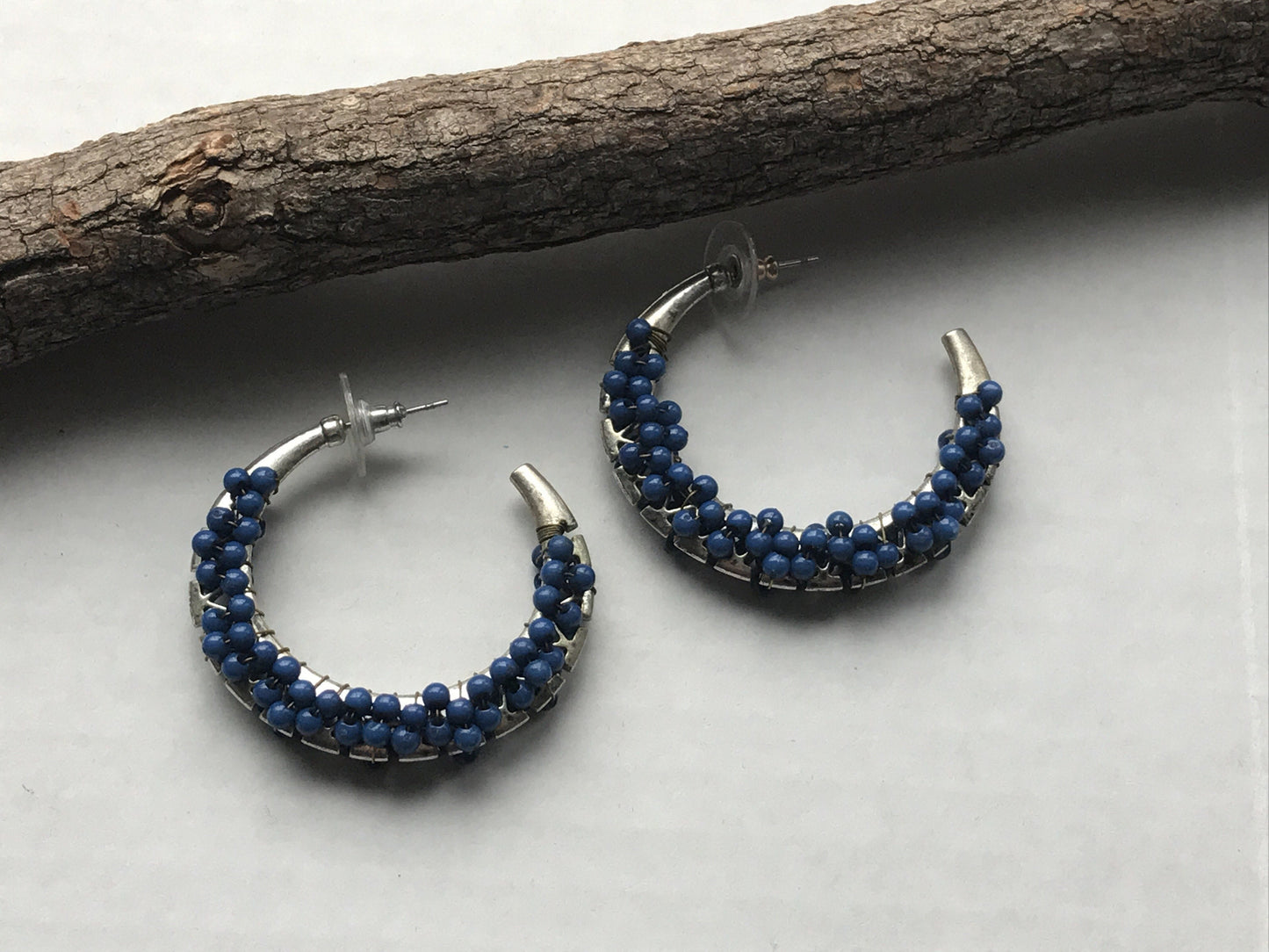 Unique vintage artisan beaded hoop earrings - blue semi precious stones