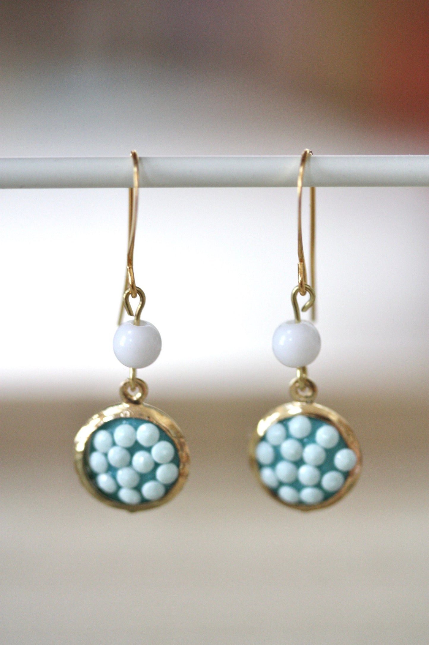 Sweet handmade white dotted blue dangle earrings
