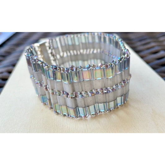 Stunning vintage silver and opalescent white glass tile hand bead woven vintage beadwork bracelet