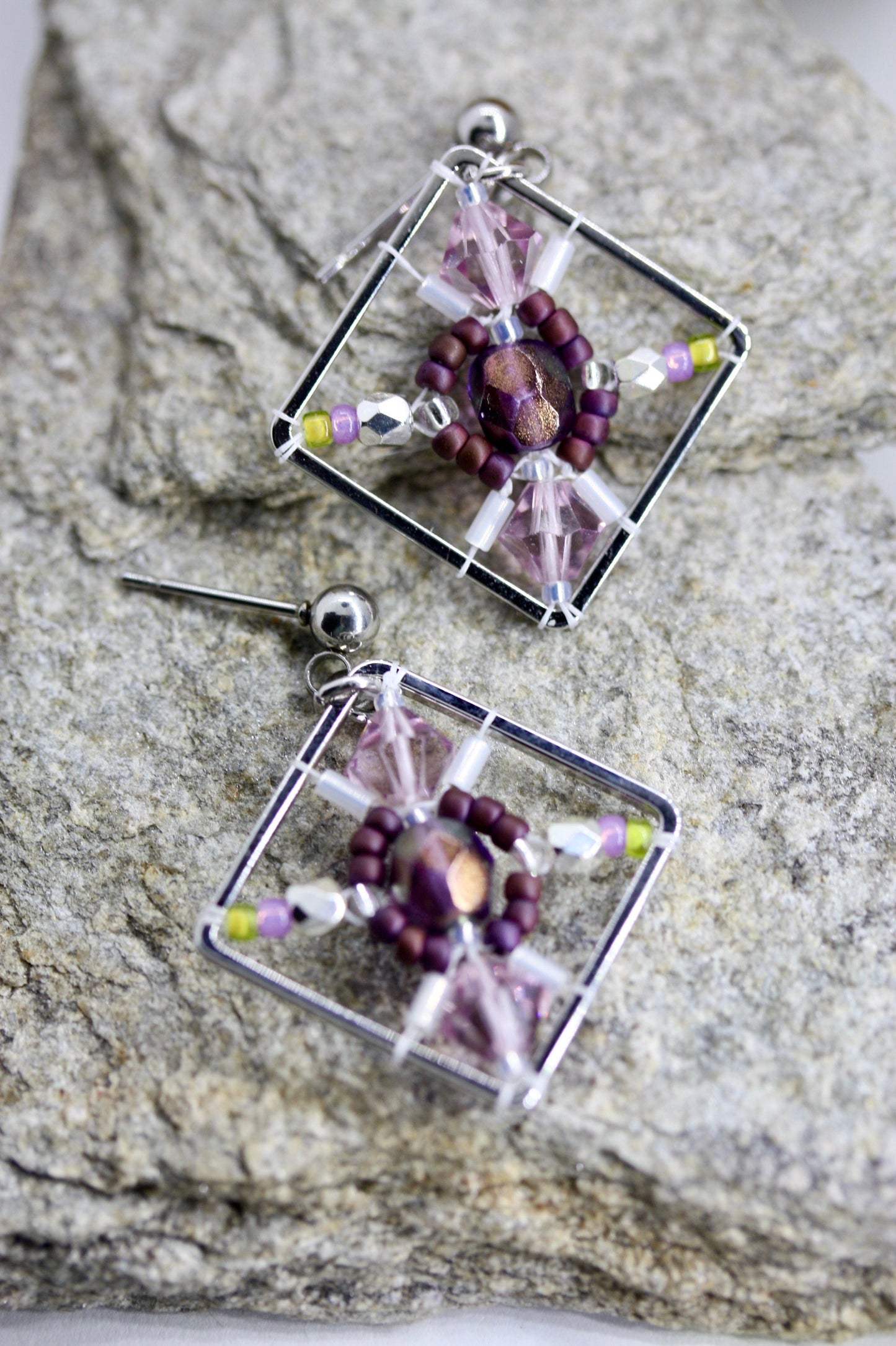 Purple, green and pink crystal and intricate beadwork small square dangle earrings