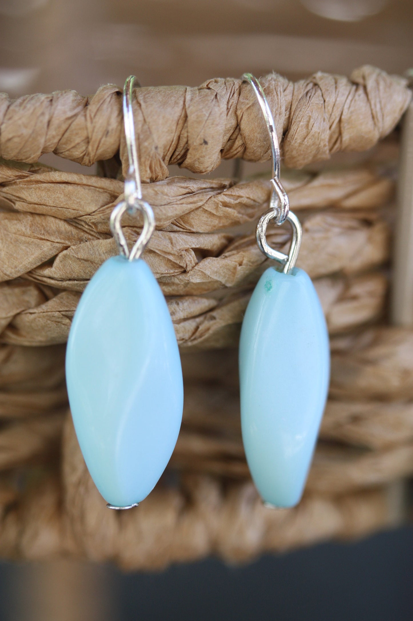 Simple upcycled seafoam green, blue and pearl dangle earrings