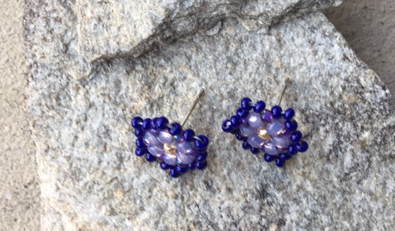Tiny little hand beaded stud earrings - shades of purple and dark navy blue with goldtone center