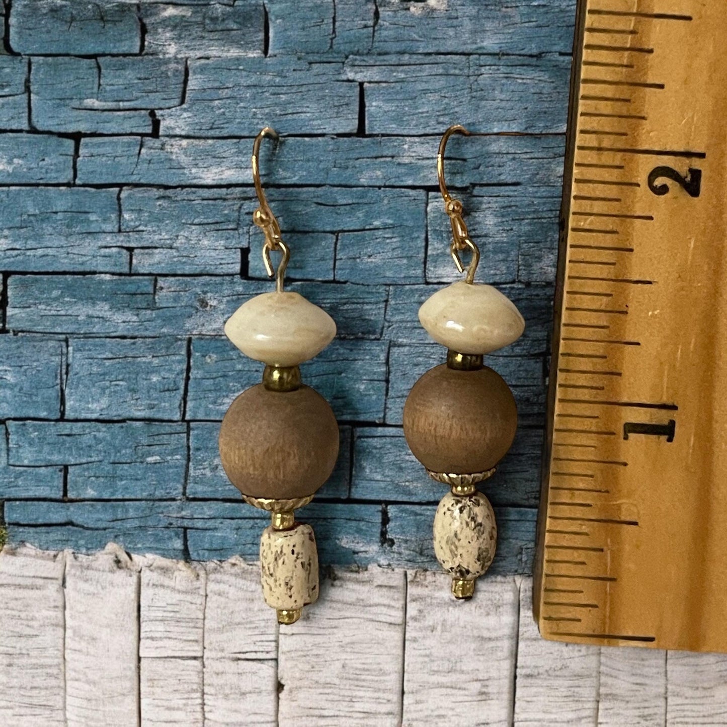 Wood, marble and glass dangle earrings
