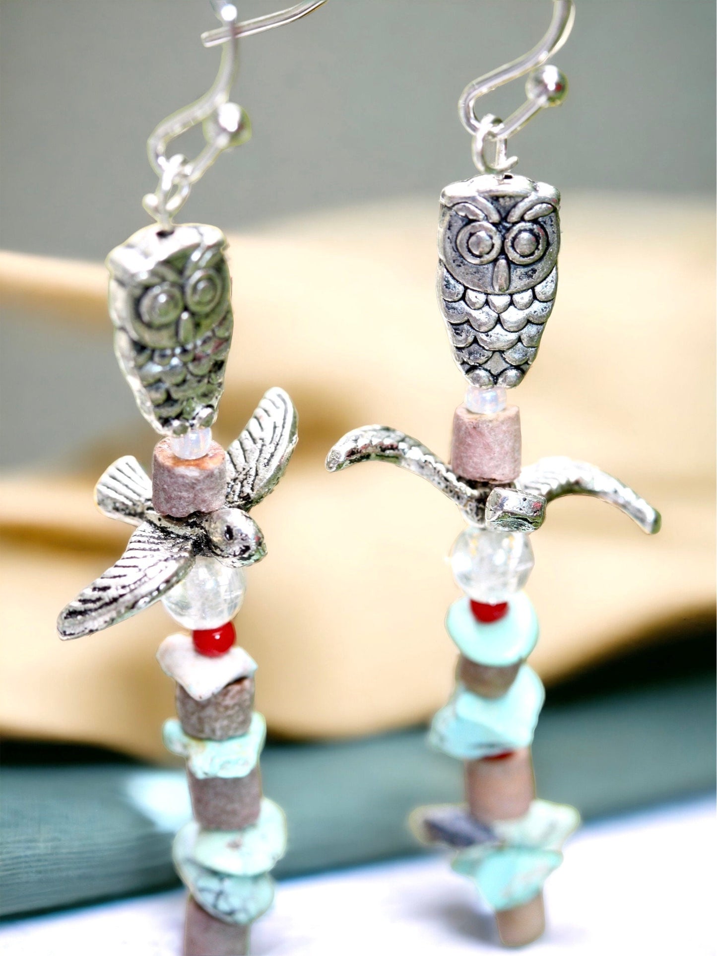 Owl and bird "totem pole" beaded earrings