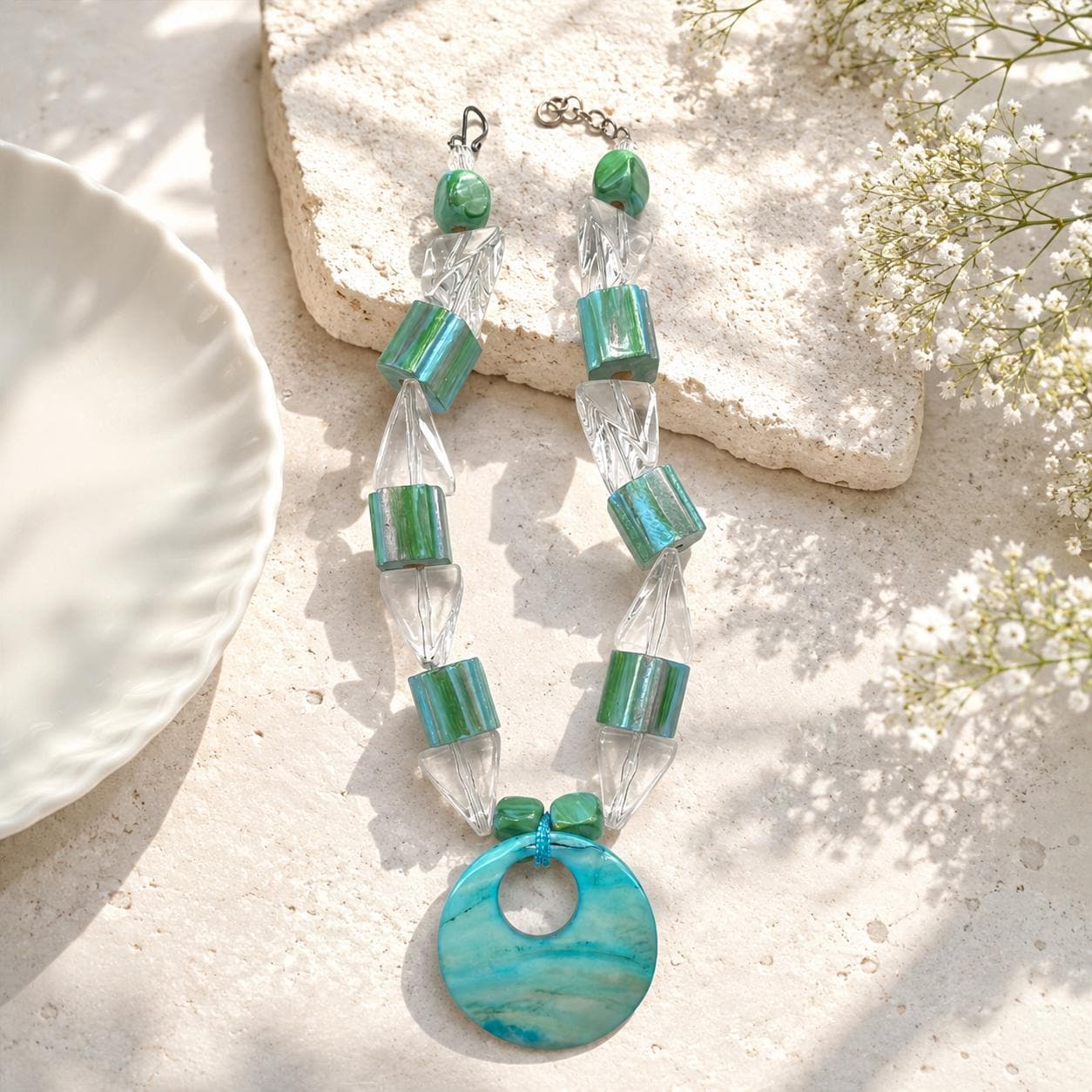 Vintage Artisan Coastal Statement Necklace Shell Pendant, Lucite Prism Beads and Hand Painted Wood Beads Wearable Art Necklace