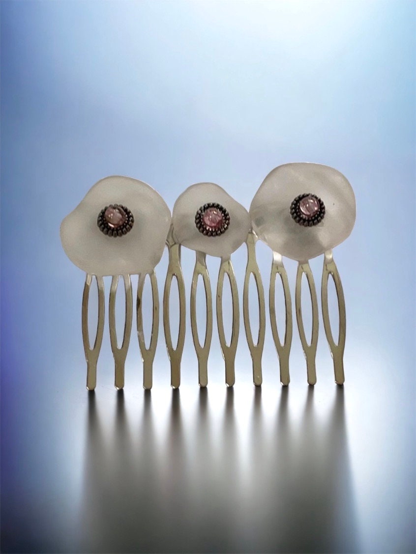 Unique clear white free form lucite and pink glass hair comb