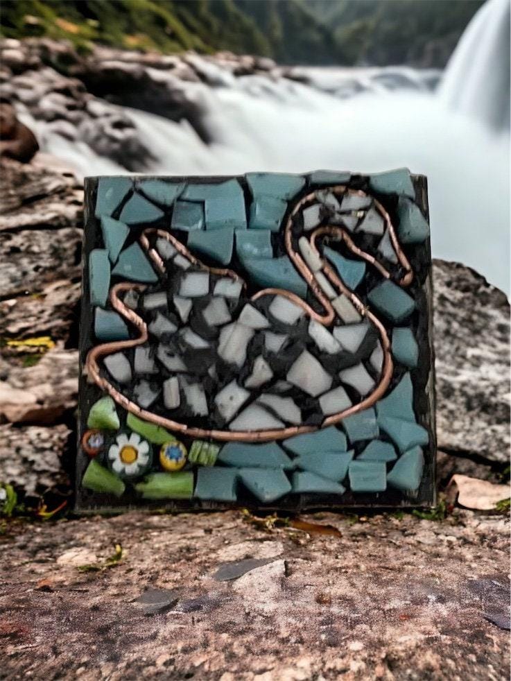 Handmade Mosaic Necklace - Swan in Water with Millefiori Glass