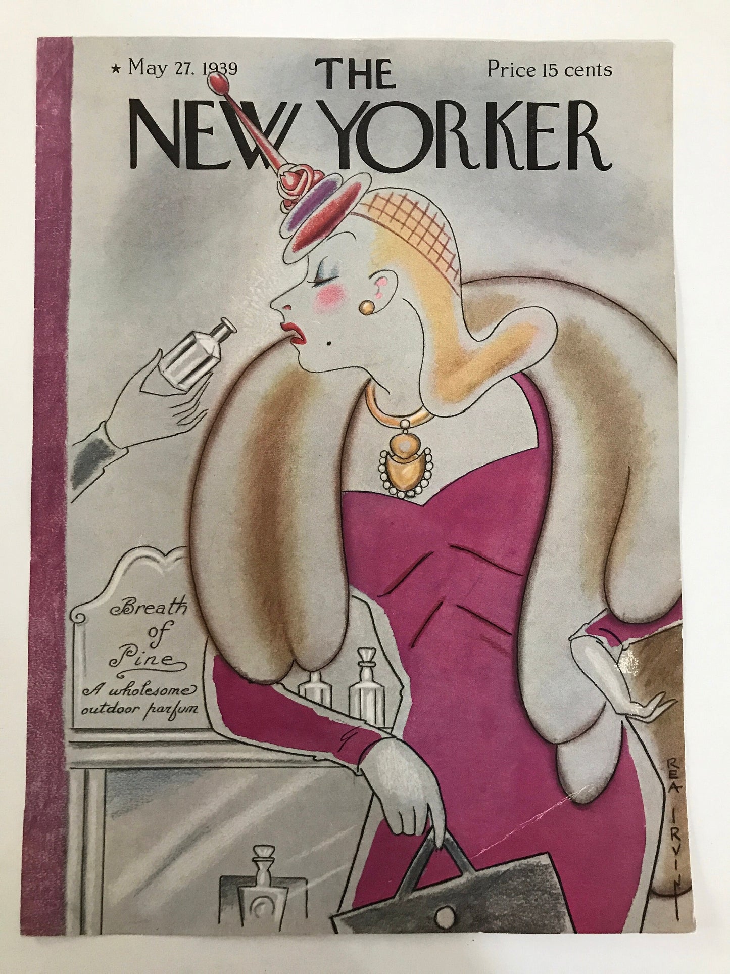 The NEW YORKER Magazine original cover - May 27, 1939 - Rea Irvin - fur clad blonde sniffs outdoor fragrance