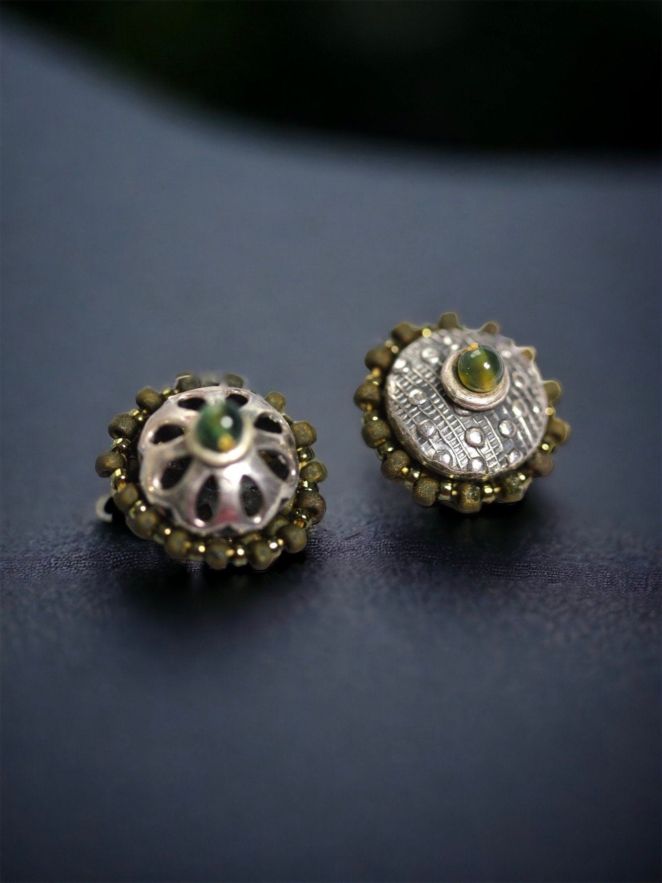 Mismatched mixed material hand beaded stud earrings - very unique - shades of green - handmade original beadwork