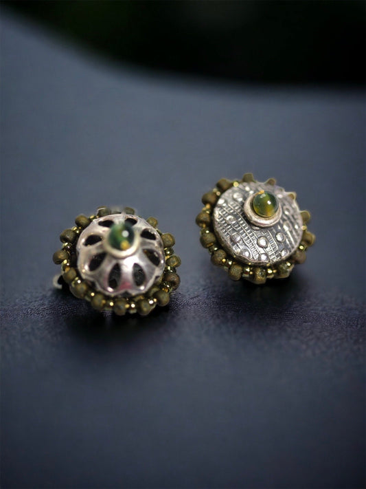 Mismatched mixed material hand beaded stud earrings - very unique - shades of green - handmade original beadwork