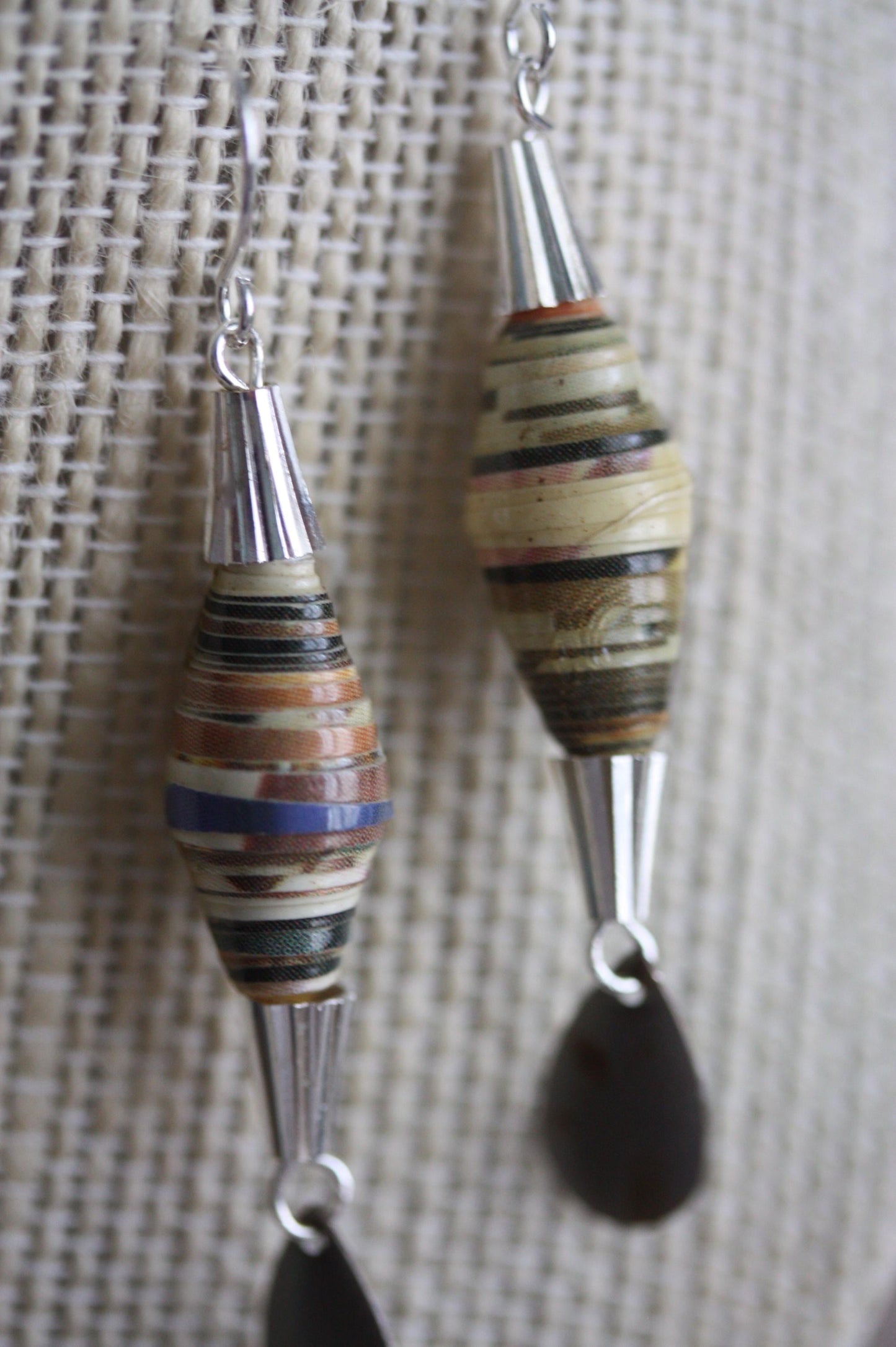 Oval rolled paper with cone metal caps and teardrop dangles - handmade earrings - 2" long