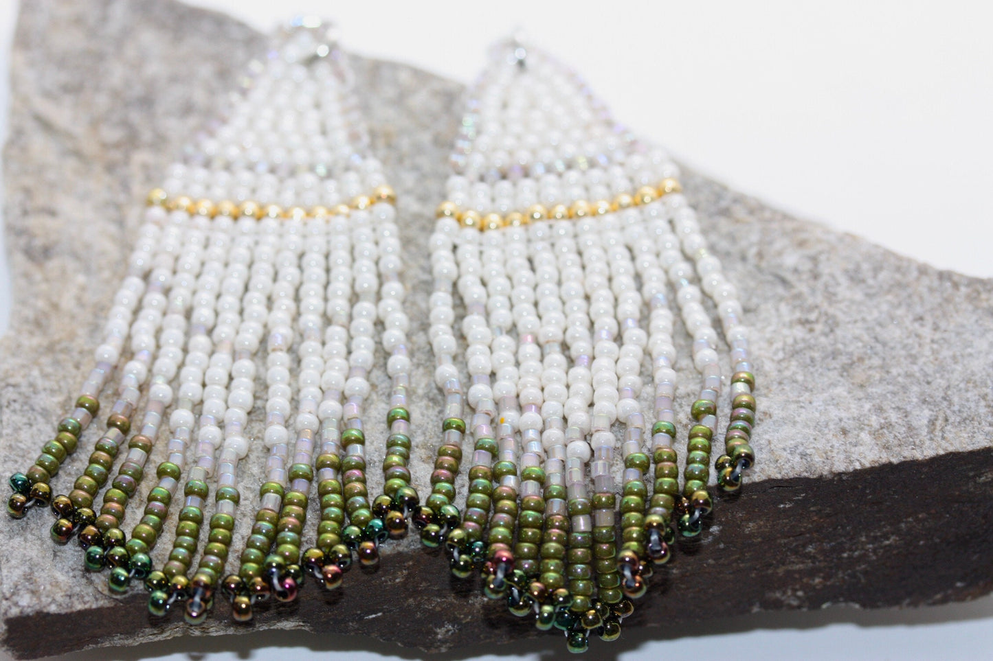Hand beaded Native-American-Style stunning dangle beadwork earrings - shades of green and white with touches of silver crystal and gold