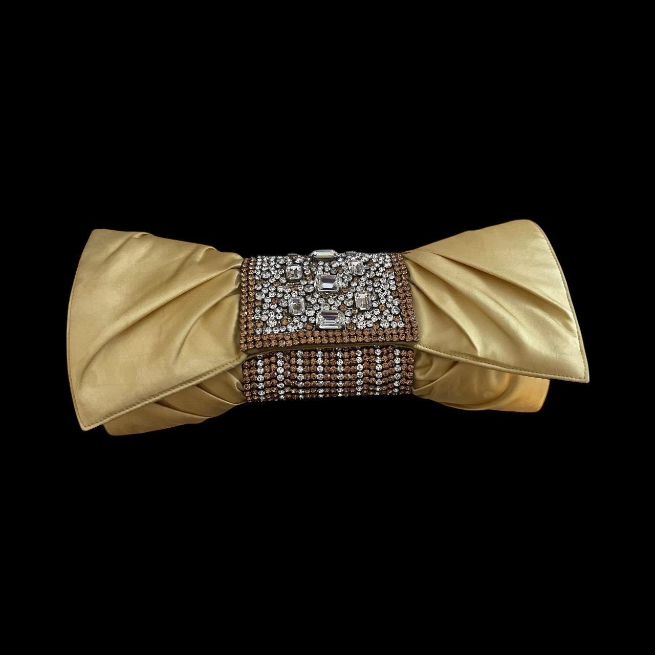 Gold Satin Clutch – Designer Evening Bag with Hand-Set Crystals & Bow Silhouette