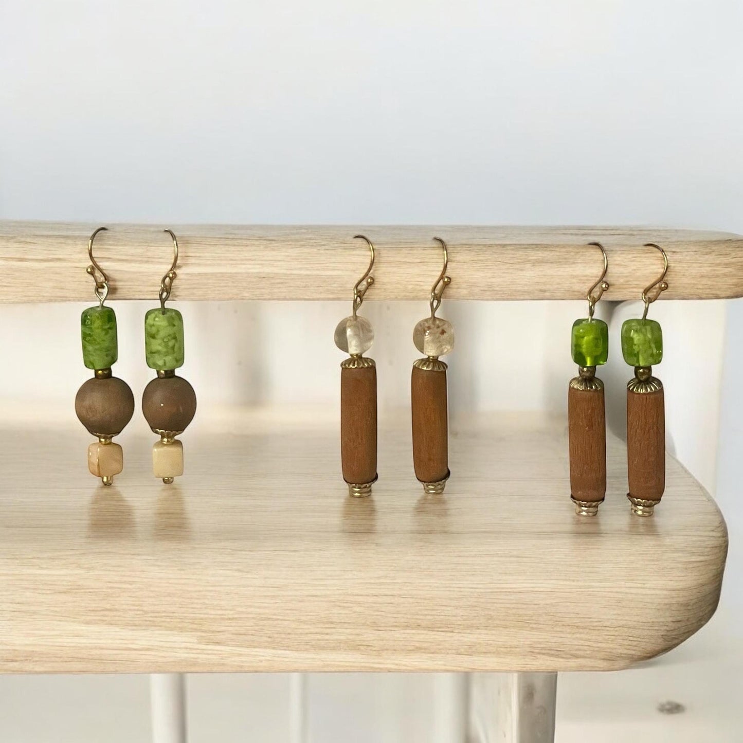 Handmade dangle earrings - lime green upcycled glass cubes with vintage wood tubes and metal elements, goldtone french ear wires