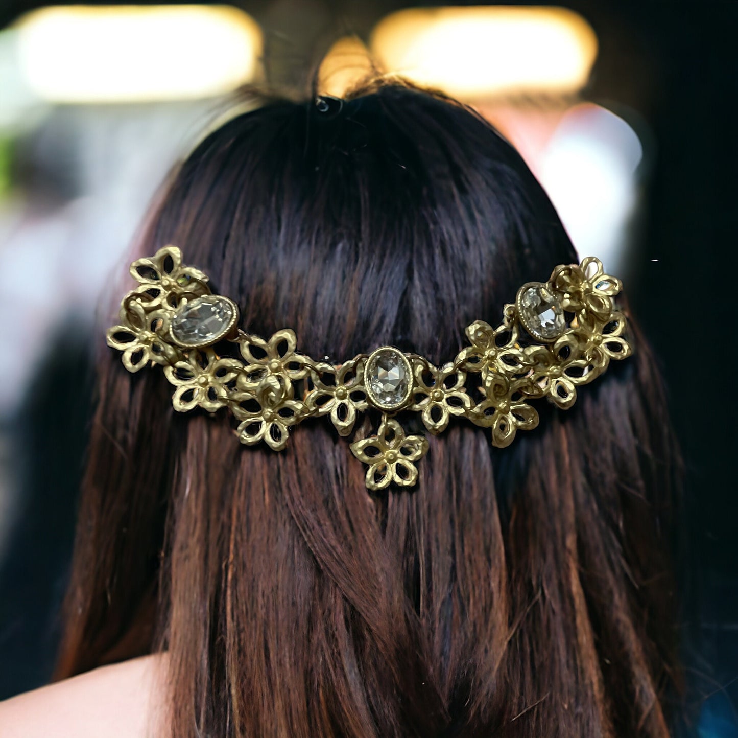 Mixed material upcycled hair accessory - hair clip - gold metal flowers and rhinestones