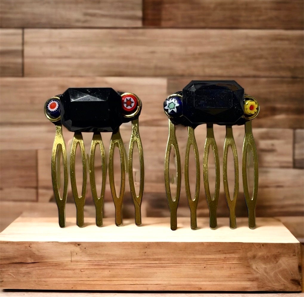 Pair of one-of-a-kind handmade Italian glass micro mosaic hair combs with millefiori around vintage black bezel