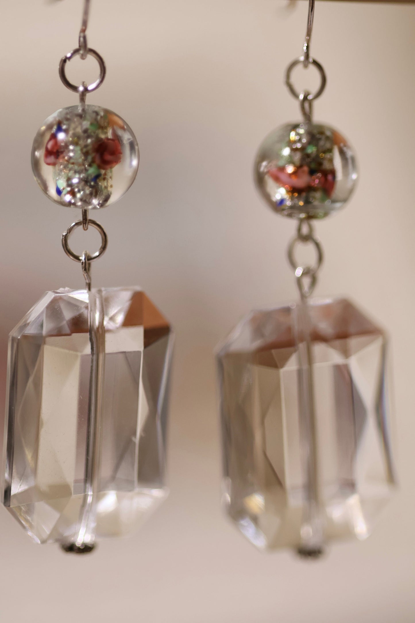 Clear bevel cut acrylic 2" rectangular shaped dangle earrings with Czech foiled lampwork glass floating rose beads