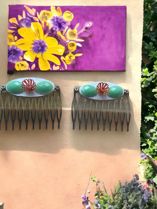 Pair of one-of-a-kind mixed medium handmade floral hair clips