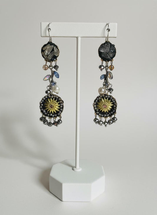 Celestial Sunburst Dangle Earrings – Handmade Boho Statement Jewelry with rutilated quartz,  rhinestones, faux pearls & Beads