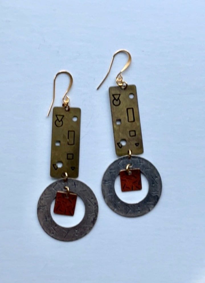 Stunning mixed metal geometric designed dangle earrings - signed NP