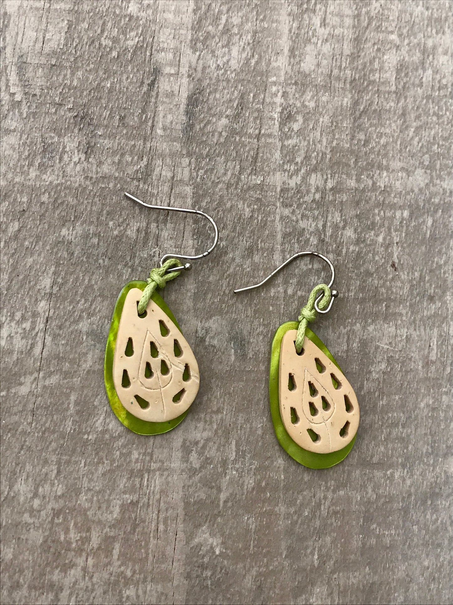 Unique lime green abalone & etched wood vintage dangle earrings