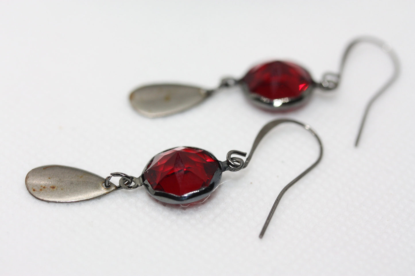 Faceted red glass earrings made of both new and vintage components