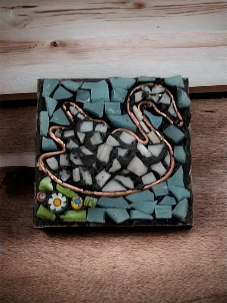 Handmade Mosaic Necklace - Swan in Water with Millefiori Glass