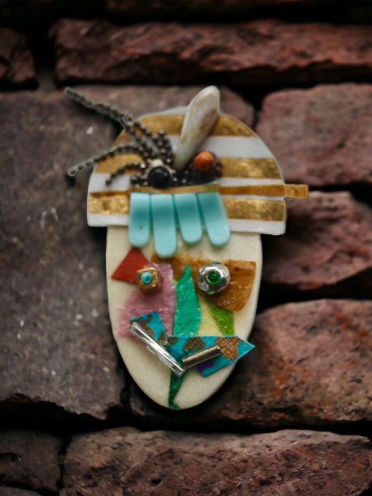 Meet "Bernice" - Assemblage art / mixed media collage - magnet, pin, necklace pendant or hair pin