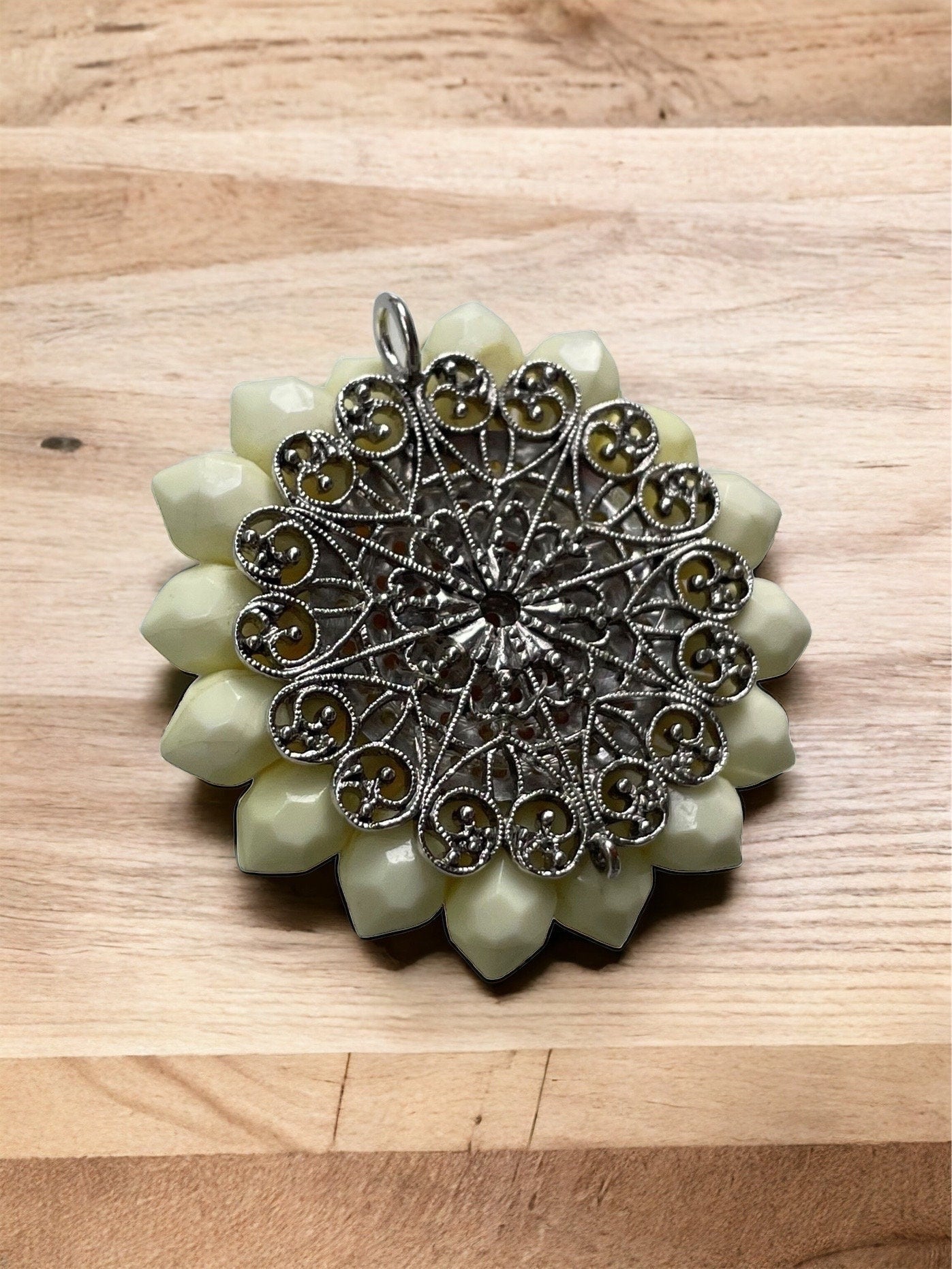 Unique large 2" yellow beaded vintage necklace pendant