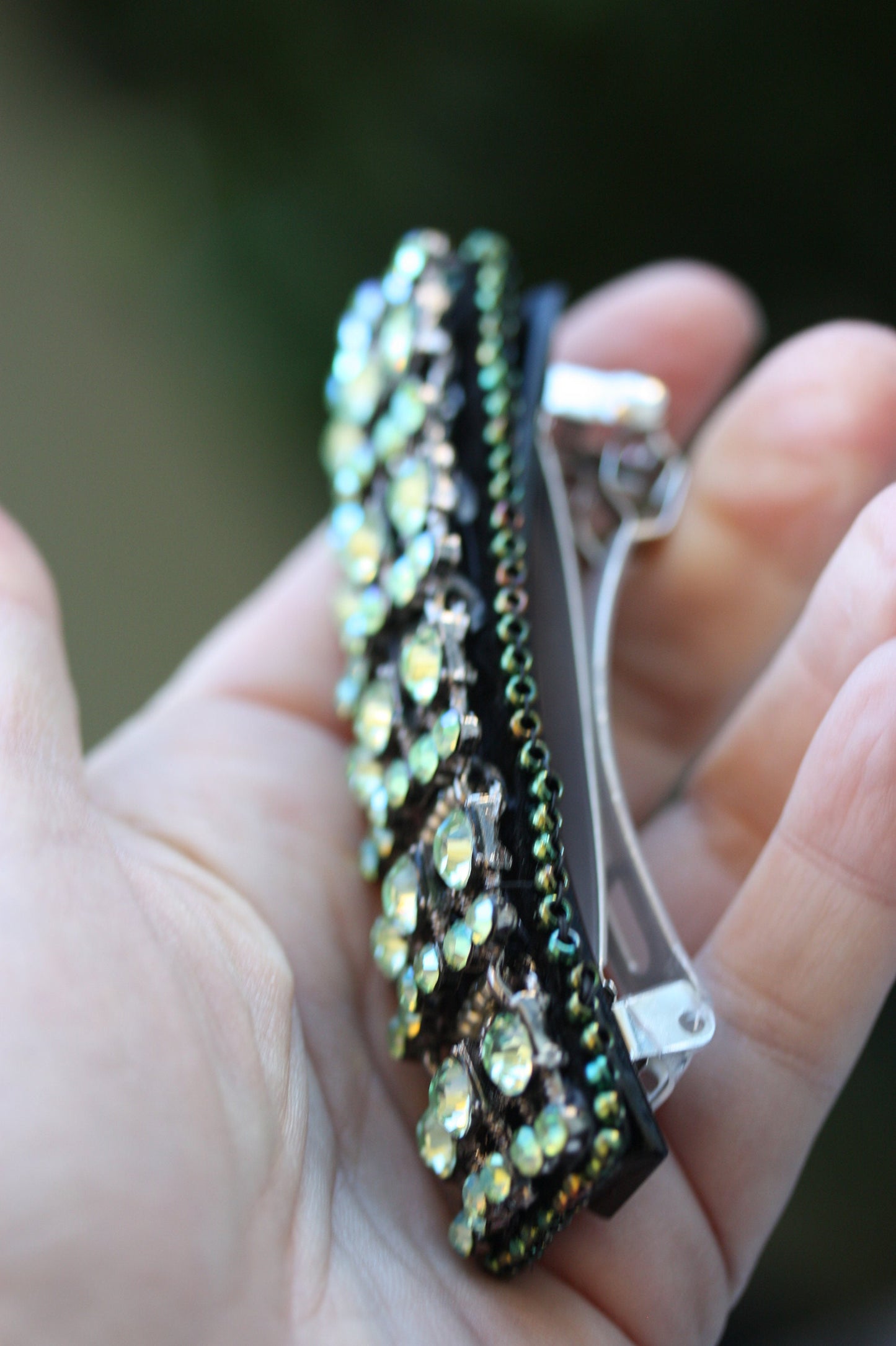 Stunning green AB crystal style rhinestone, metal and glass beadwork hair barrette - hair clip, hair accessories