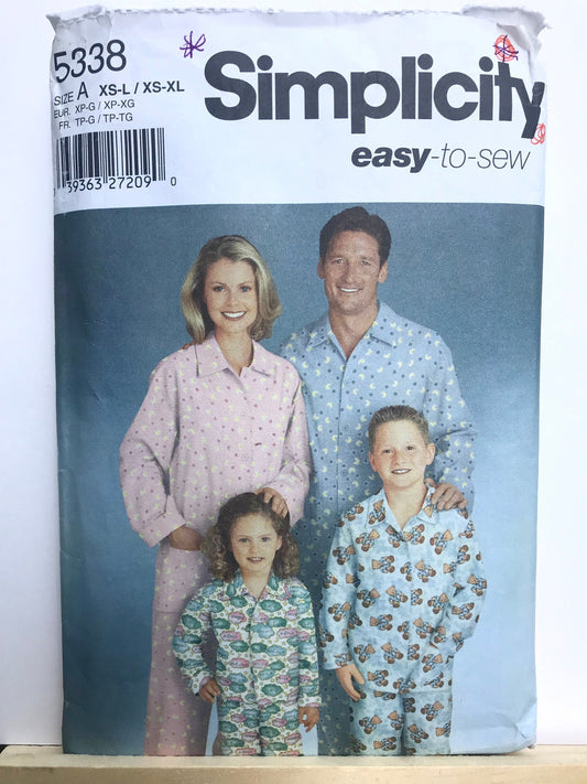 UNCUT Sewing Pattern - Simplicity 5338 Sewing Pattern, Unisex Child's, Teens' and Adult's Pajamas. Size XS-XL