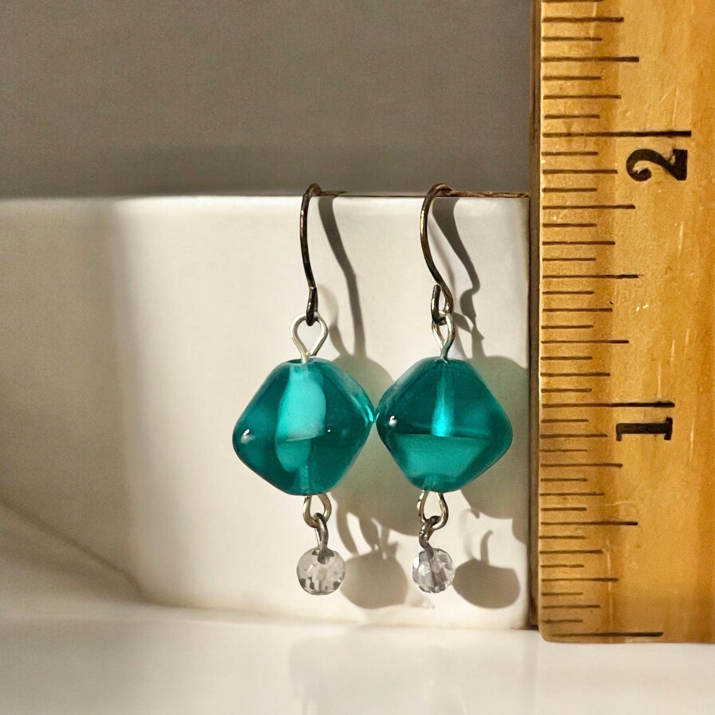Triangular shaped turquoise glass and crystal drop earrings