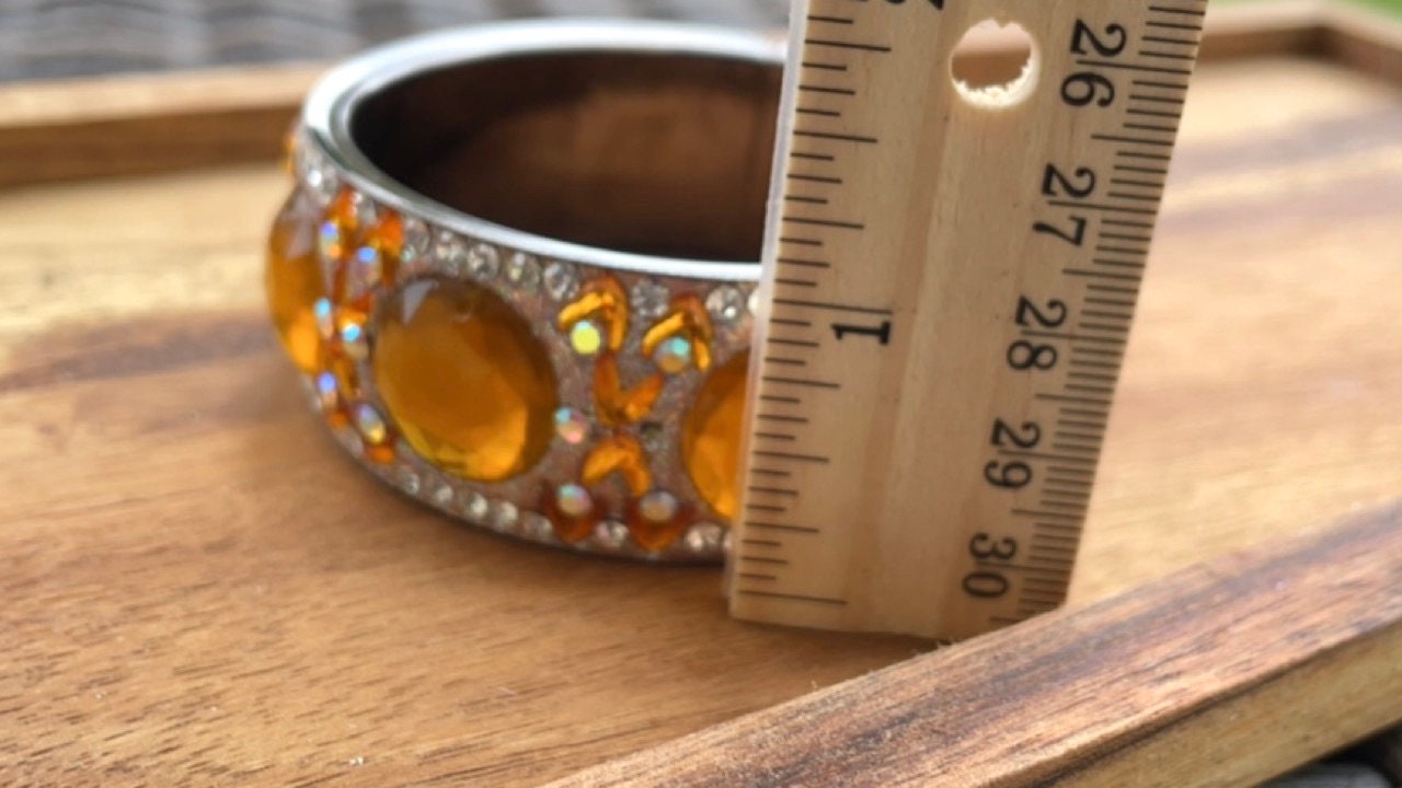 Stunning vintage wide bangle bracelet - orange inlaid rhinestone mosaic