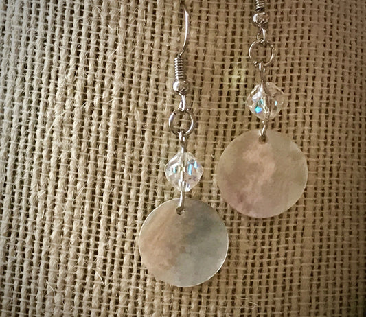 Handmade dangle earrings - mother-of-pearl with vintage crystals