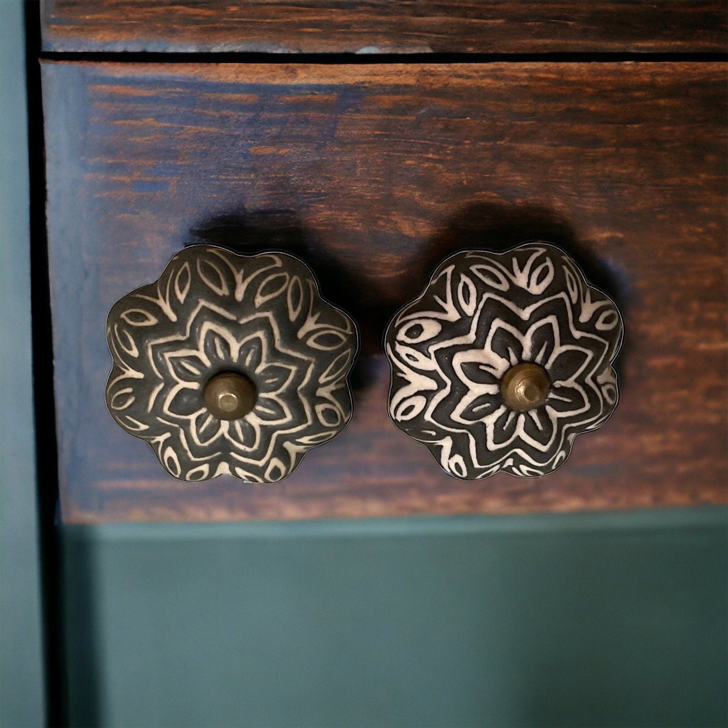 Pair of black and white vintage drawer pulls