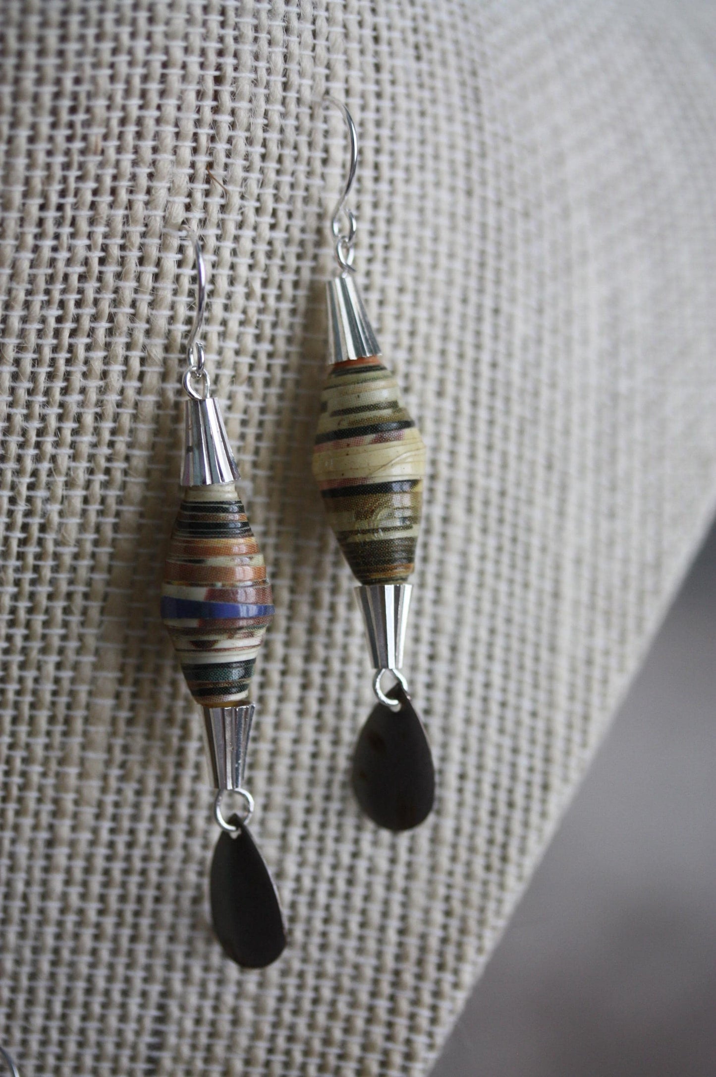 Oval rolled paper with cone metal caps and teardrop dangles - handmade earrings - 2" long
