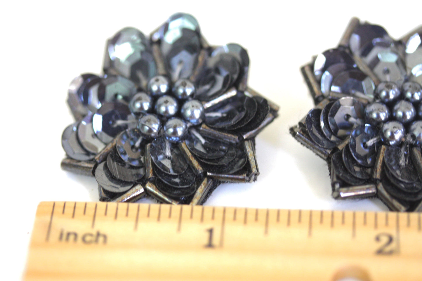 Vintage black sequin, black faux pearl and matching beadwork handmade floral fabric earrings