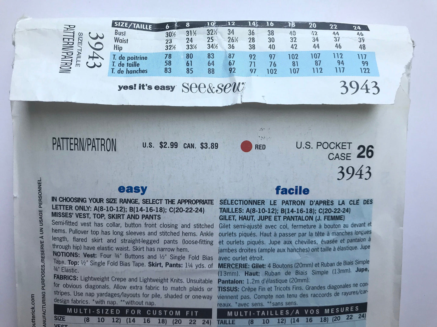 UNCUT Sewing Pattern - Butterick See & Sew 3943, Sizes 6 - 24,  Easy Pants, Shirt, Vest and Long Skirt