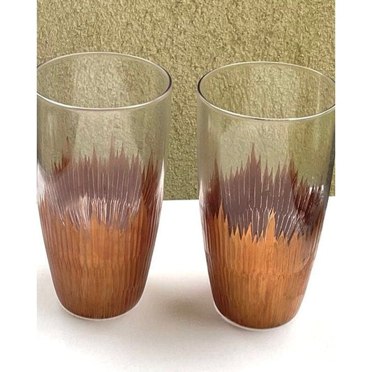 Pair of Qualia lava gold etched drinking glasses - 6" tall - heavyweight