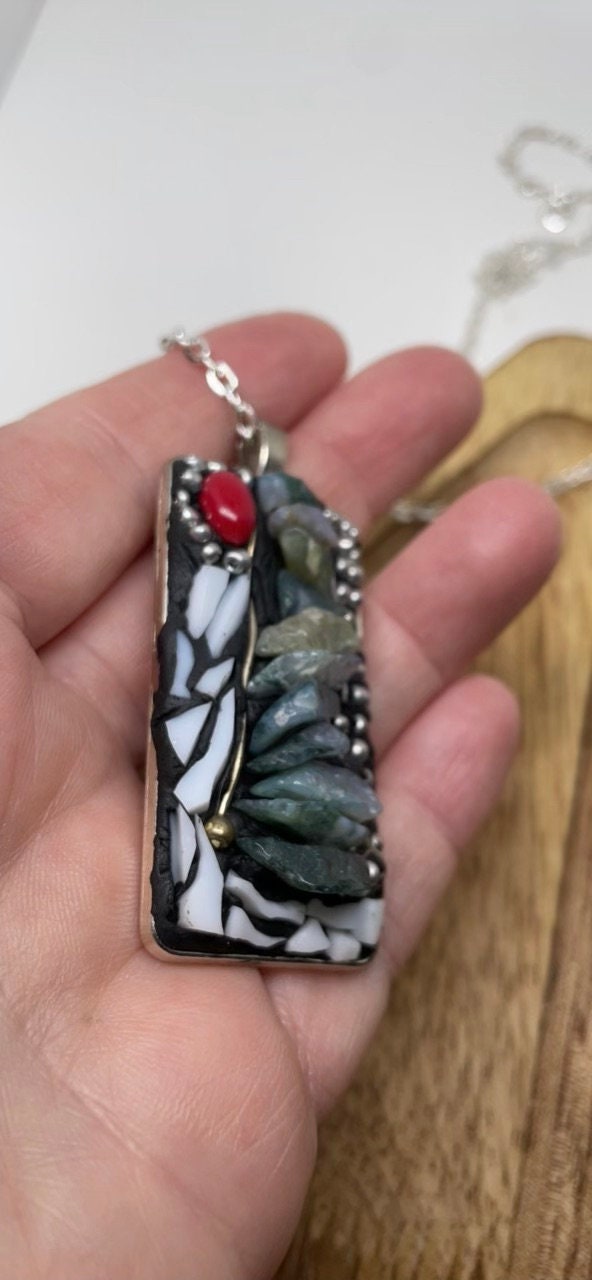 River Rocks Pathway - my one-of-a-kind micro mosaic necklace with mixed material including stone, metal and hand cut glass