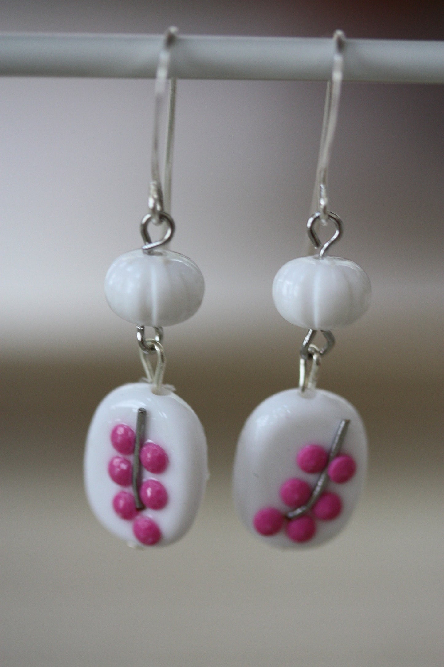 Sweet handmade pink dotted floral dangle earrings