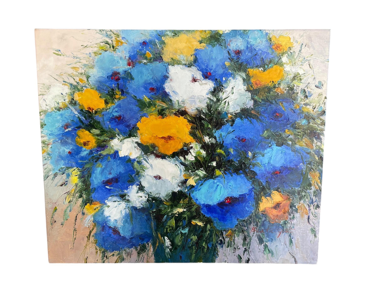 Original Signed Abstract Floral Painting – Large Blue & Yellow Impasto Flowers, Hand-Painted Textured Canvas Art