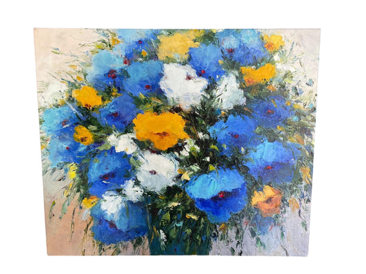 Original Signed Abstract Floral Painting – Large Blue & Yellow Impasto Flowers, Hand-Painted Textured Canvas Art