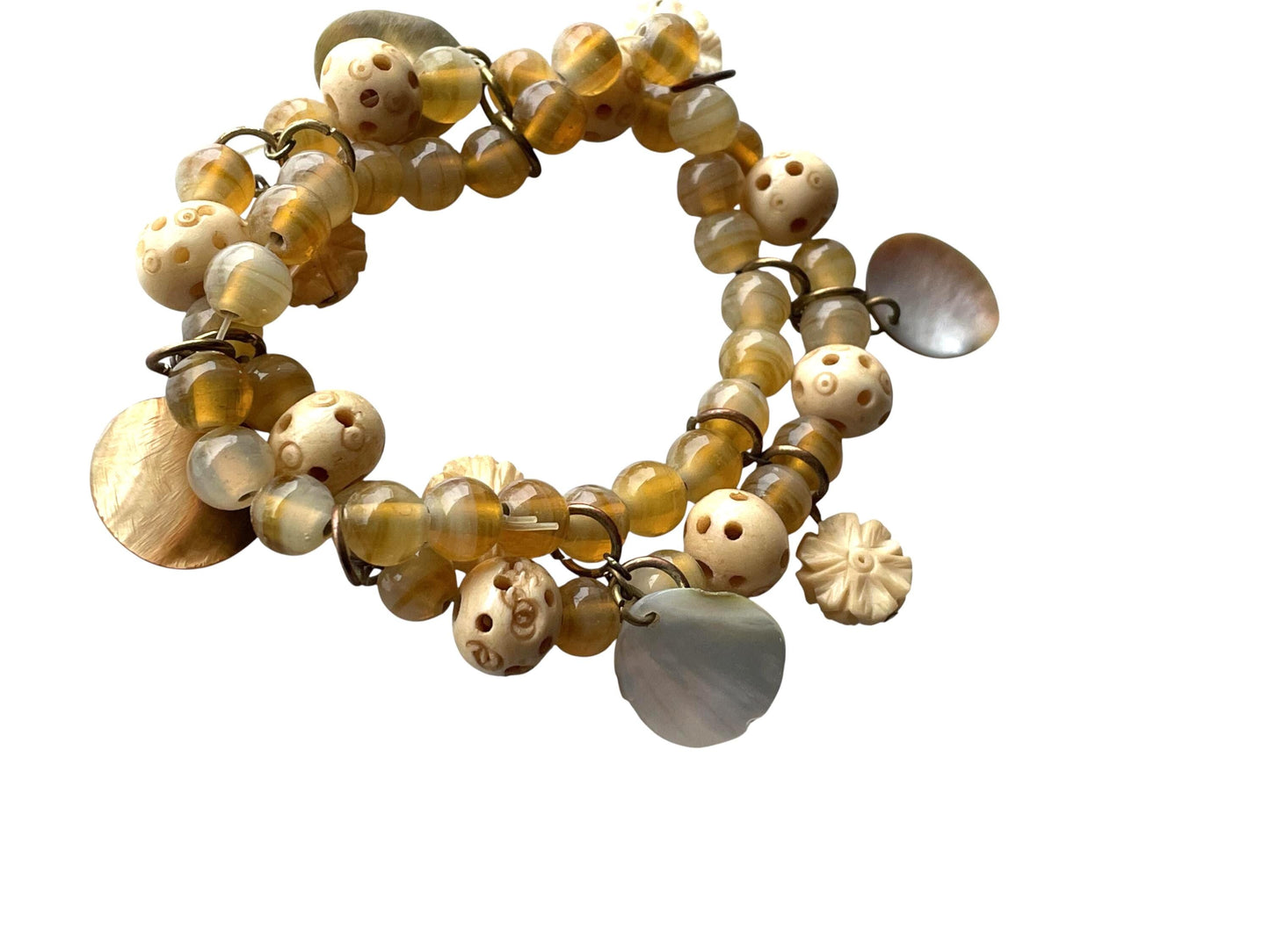 Vintage Beaded Charm Bracelet • Honey Amber Glass Beads • Carved Bone Beads • Mother of Pearl Charms • Boho Artisan Bracelet