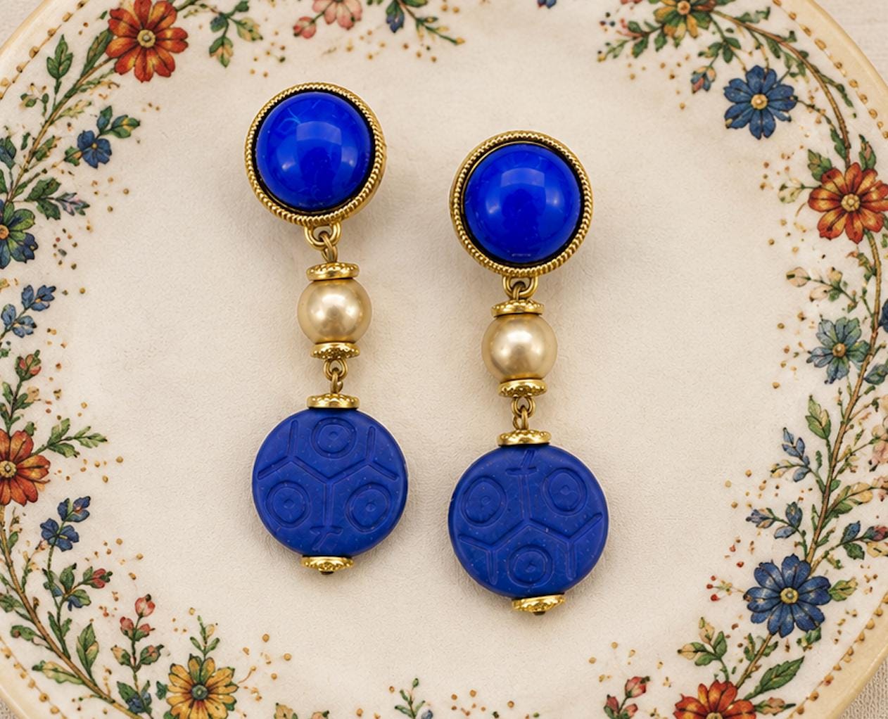 Vintage Cobalt Blue Clip On Statement Earrings | Gold Tone Dangle Earrings | Bold 1980s Fashion Jewelry | 2.5 Inch Earrings