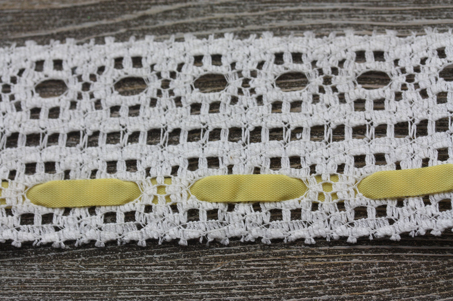 Stunning wide vintage white lace with yellow ribbon - by the yard