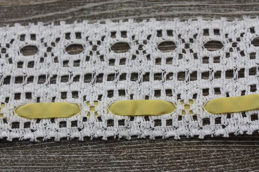 Stunning wide vintage white lace with yellow ribbon - by the yard
