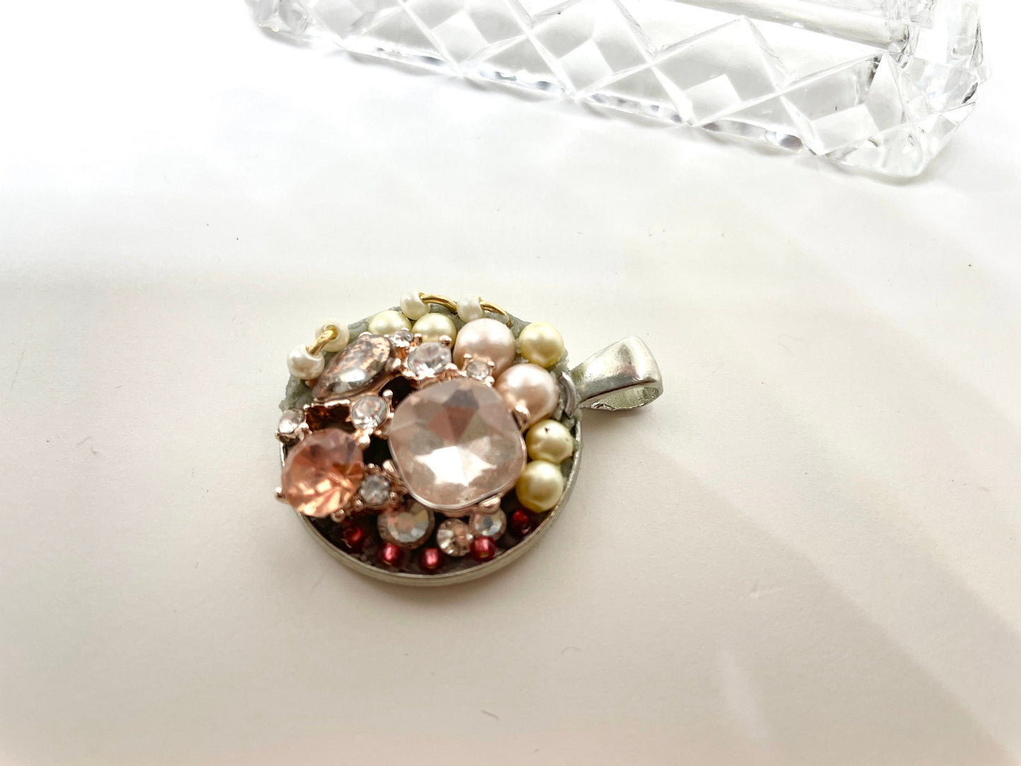 Inlaid faux pearls and rhinestones handmade mosaic necklace pendant - angel  - mixed materials