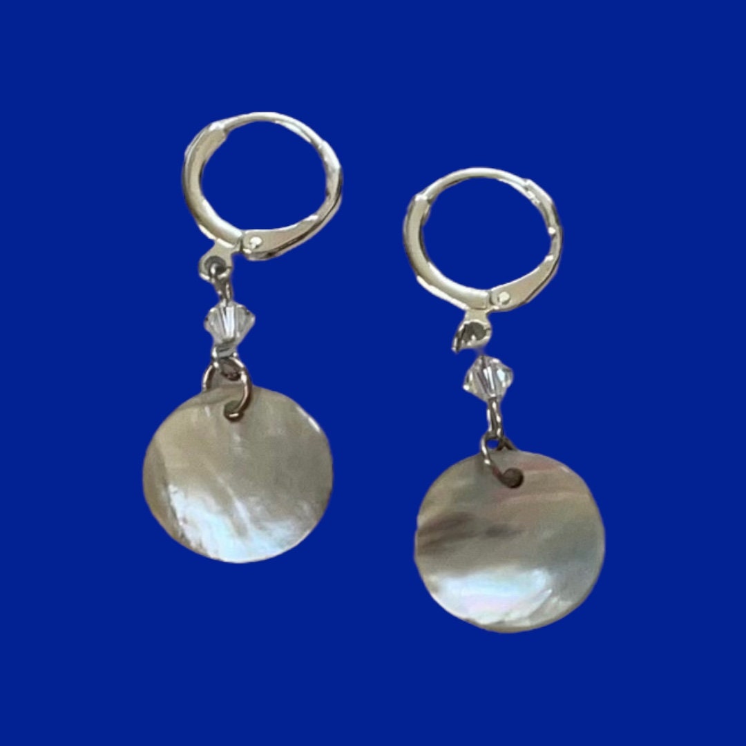 Natural mother-of-pearl shell bead dangle earrings with tiny crystals