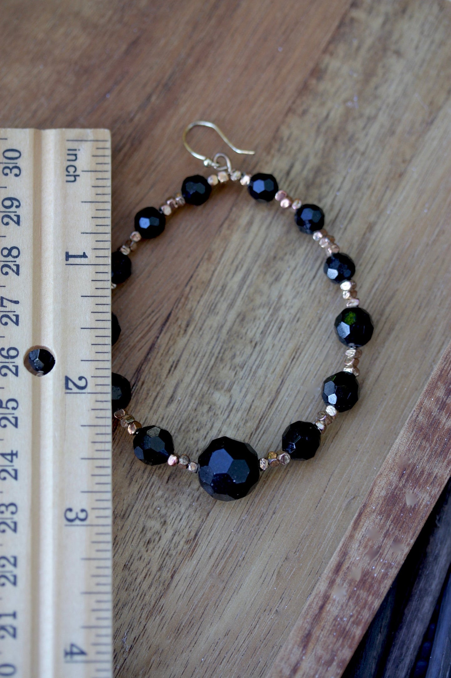 Stunning vintage black and gold beaded hoop  earrings
